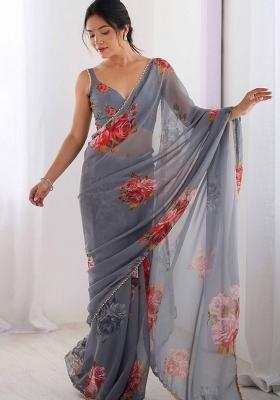 Grey Printed Georgette Saree Set