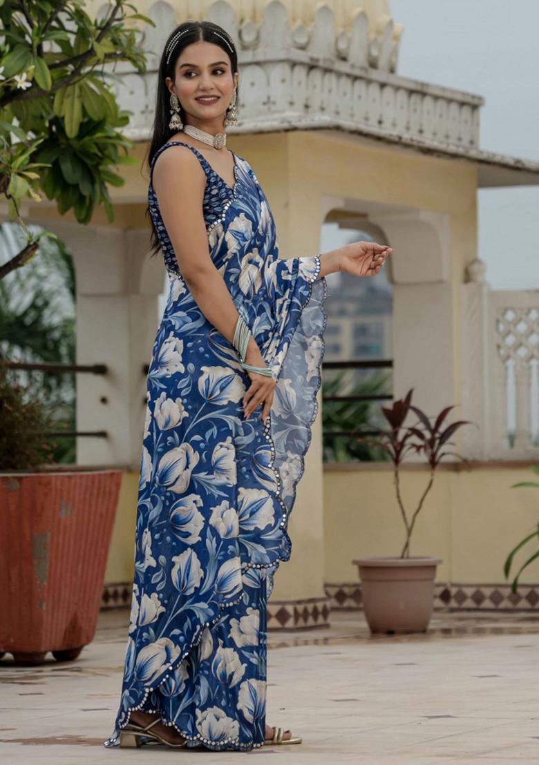 Blue Printed Chinon Saree Set - Indya