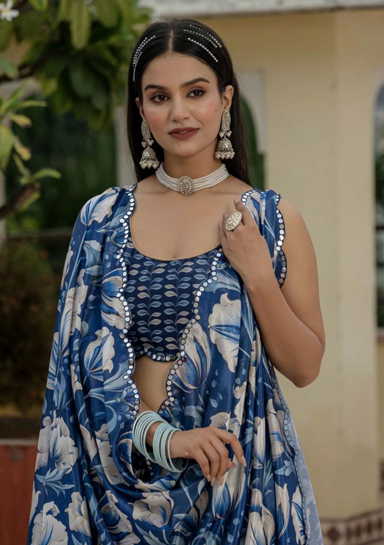 Blue Printed Chinon Saree Set - Indya