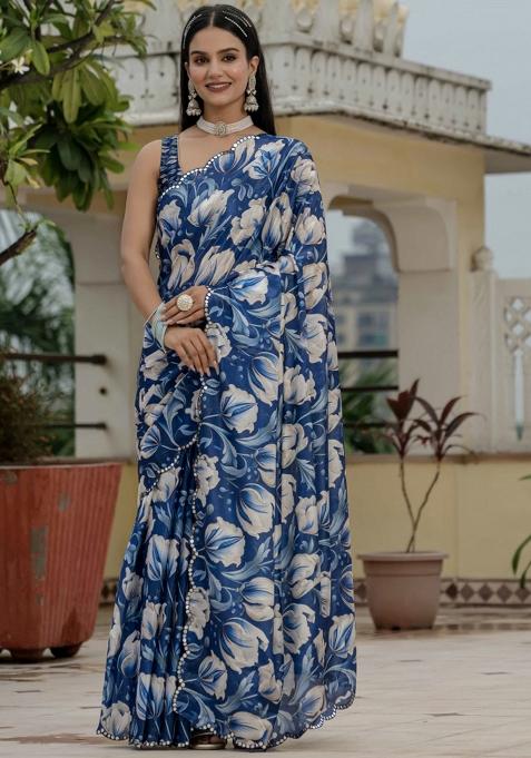 Blue Printed Chinon Saree Set — view on Indya