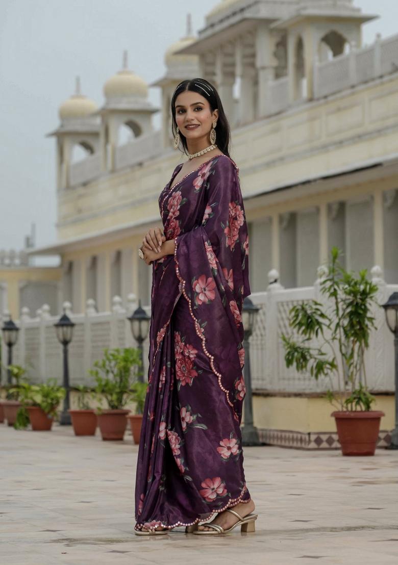 Purple Printed Chinon Saree Set - Indya