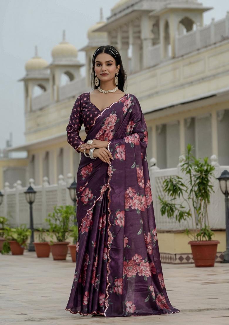 Purple Printed Chinon Saree Set - Indya
