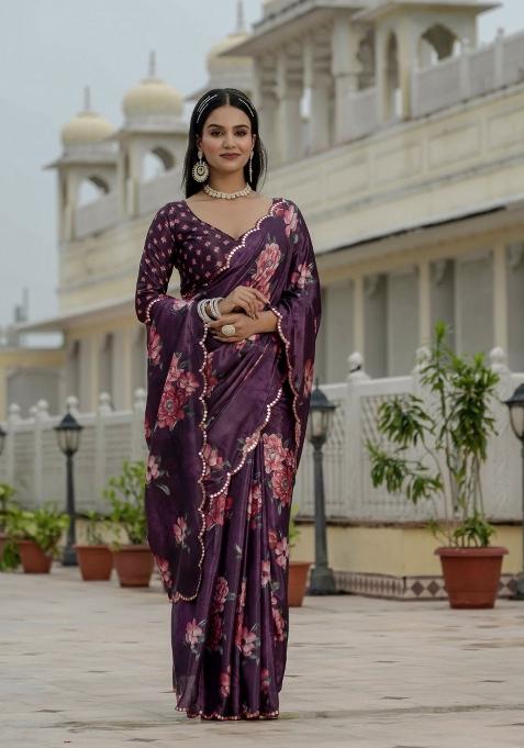 Purple Printed Chinon Saree Set — view on Indya