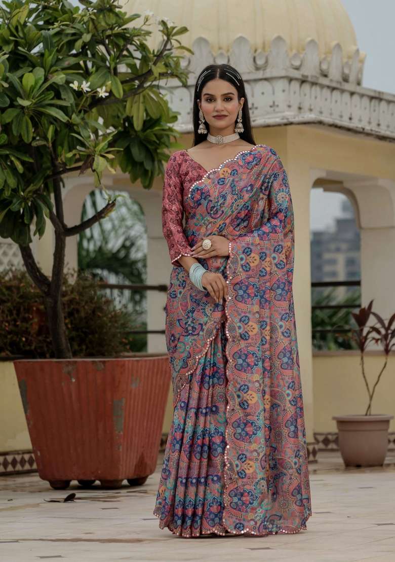 Multicolor Chinon Saree Set with Printed for Diwali | Wedding & Festive Wear - Indya