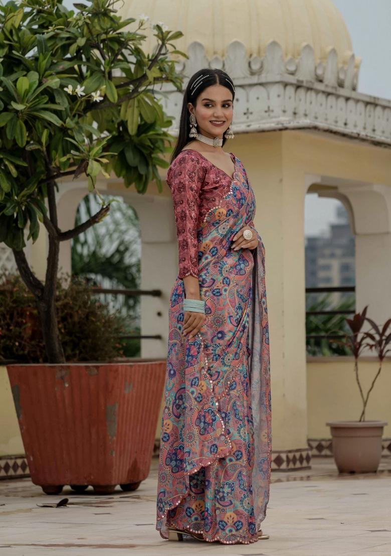 Multicolor Printed Chinon Saree Set - Indya