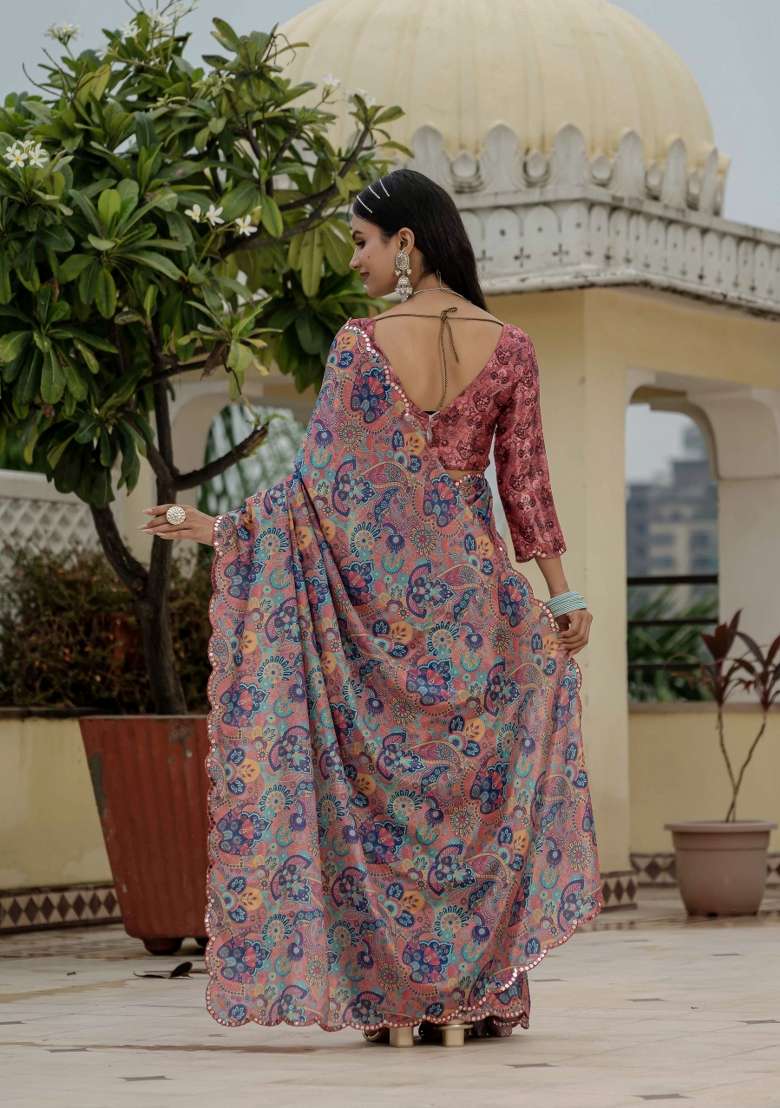 Multicolor Chinon Saree Set with Printed for Diwali | Wedding & Festive Wear - Indya