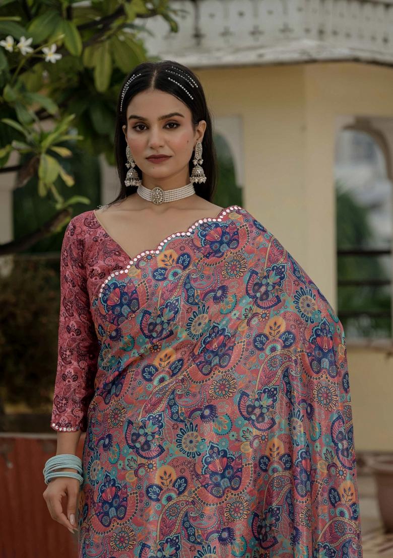 Multicolor Printed Chinon Saree Set - Indya