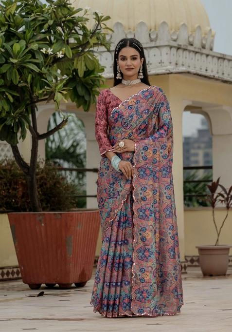 Multicolor Printed Chinon Saree Set
