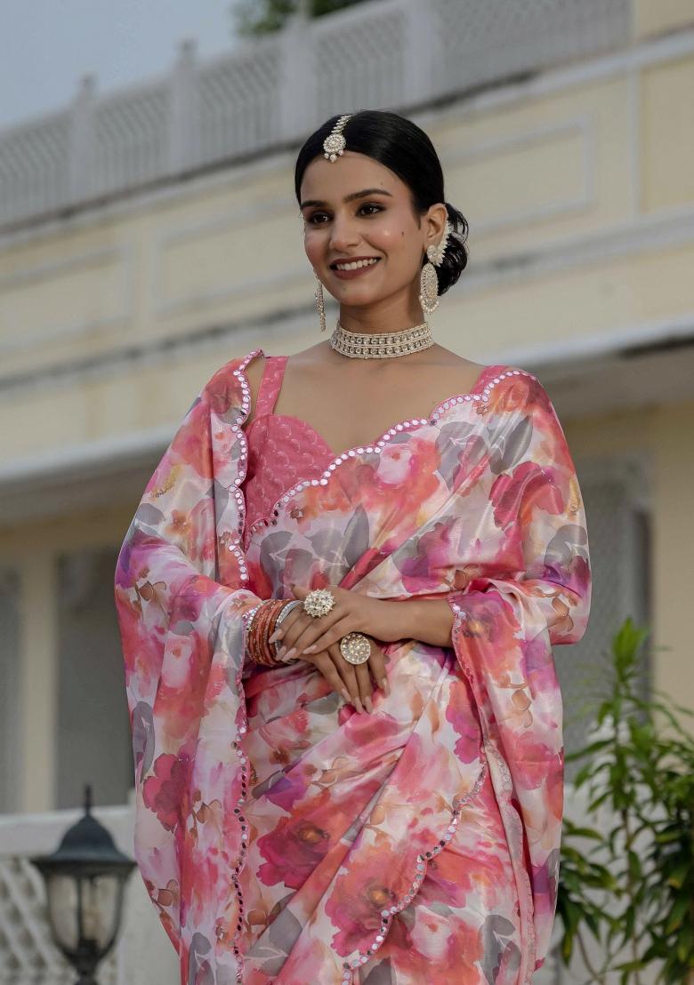 Multicolor Printed Chinon Saree Set - Indya