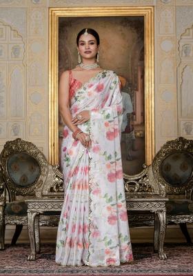 White Printed Chinon Saree Set