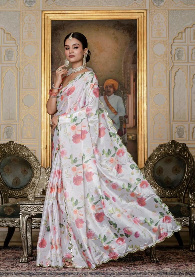 White Printed Chinon Saree Set - Indya