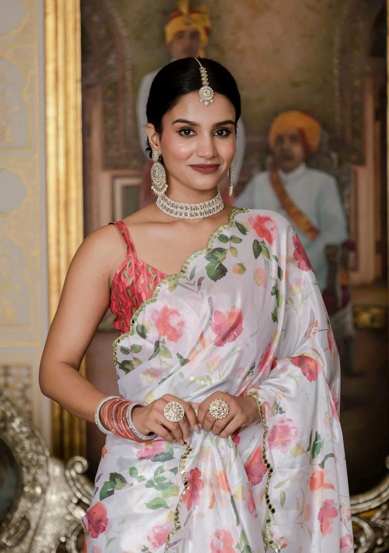 White Printed Chinon Saree Set - Indya