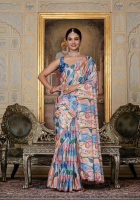 Multicolor Printed Chinon Saree Set