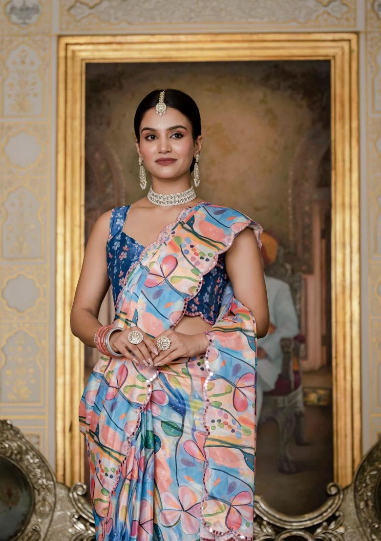 Multicolor Printed Chinon Saree Set - Indya