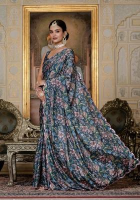 Green Printed Chinon Saree Set