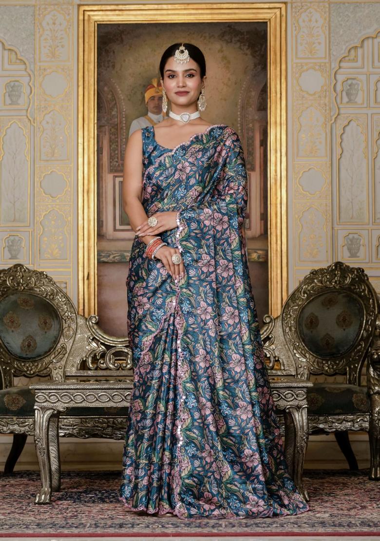 Green Printed Chinon Saree Set - Indya