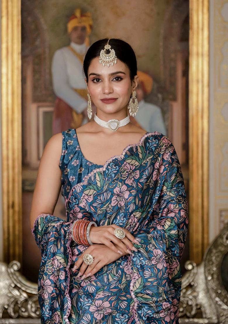 Green Printed Chinon Saree Set - Indya