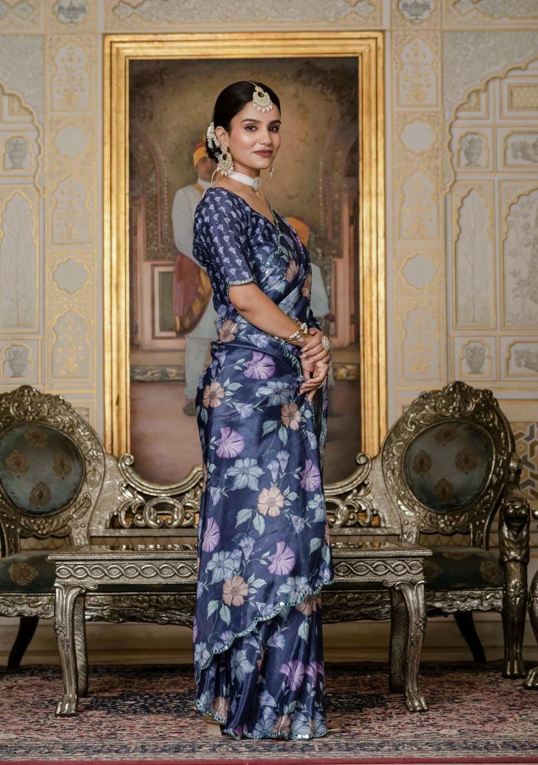 Lavender Printed Chinon Saree Set - Indya