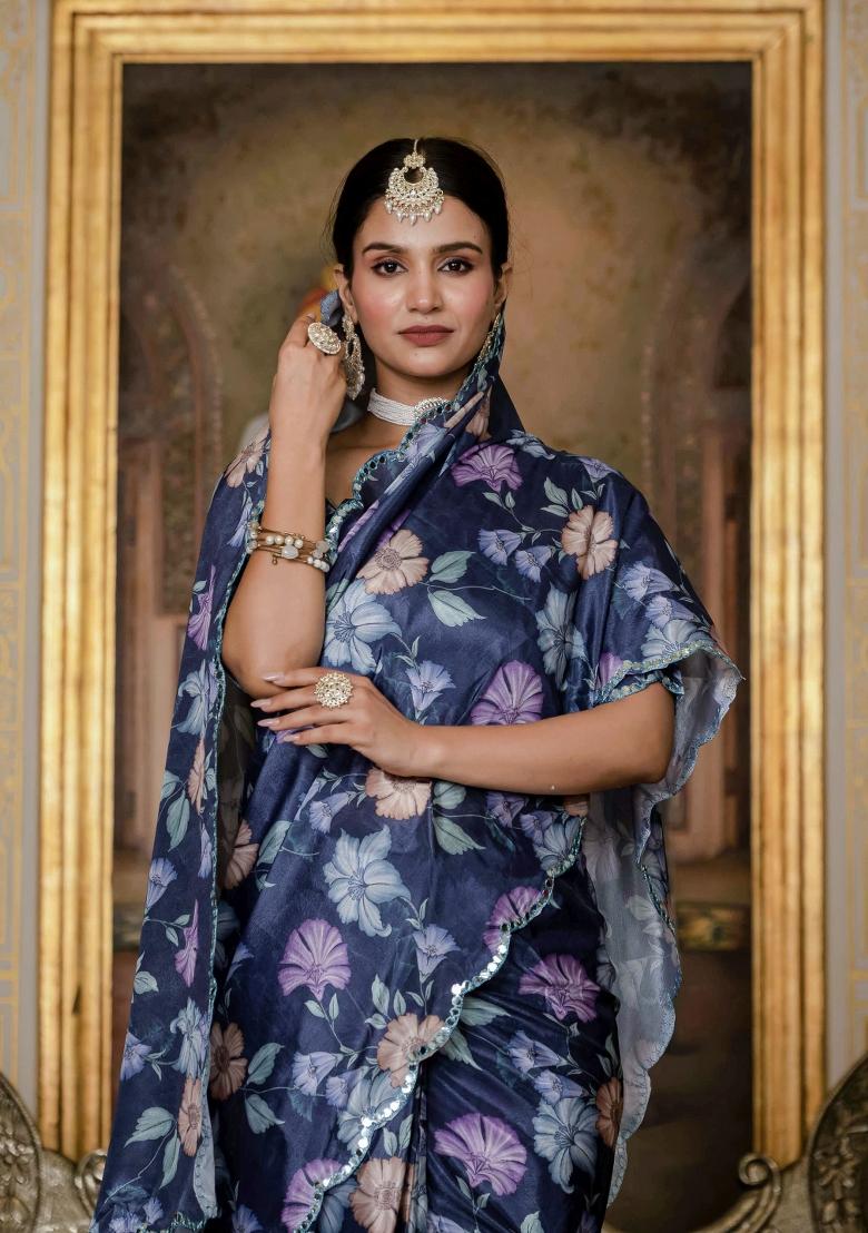 Lavender Printed Chinon Saree Set - Indya