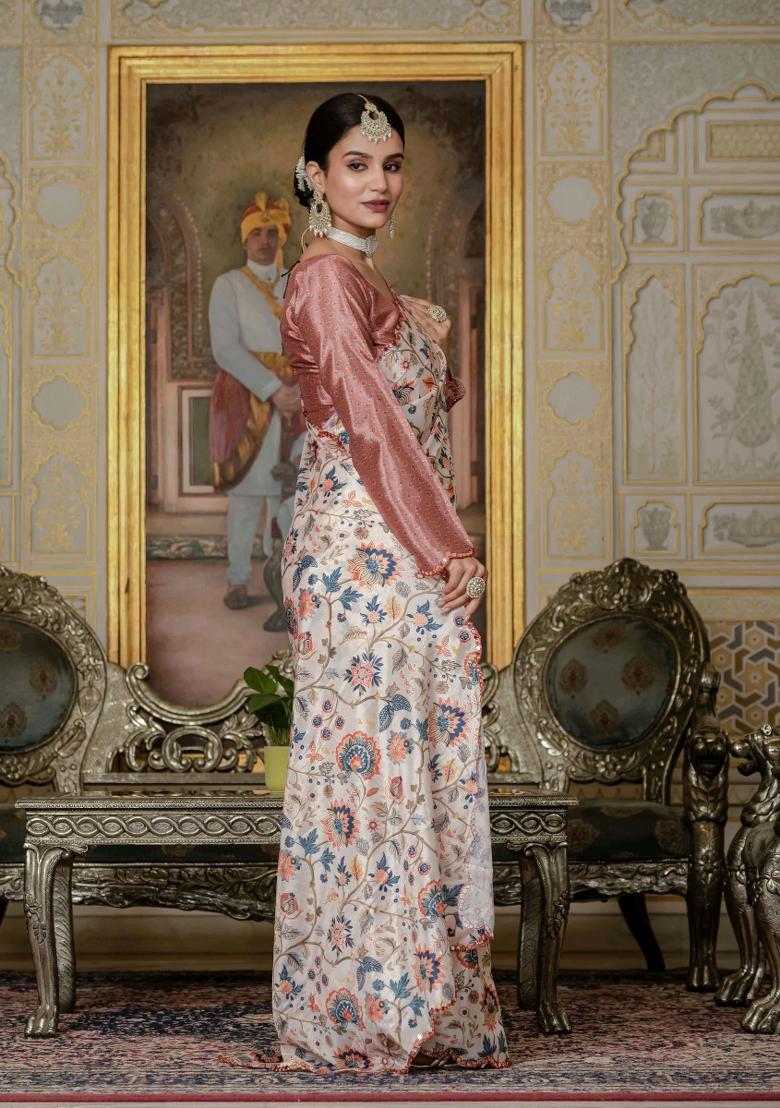 Cream Printed Chinon Saree Set - Indya