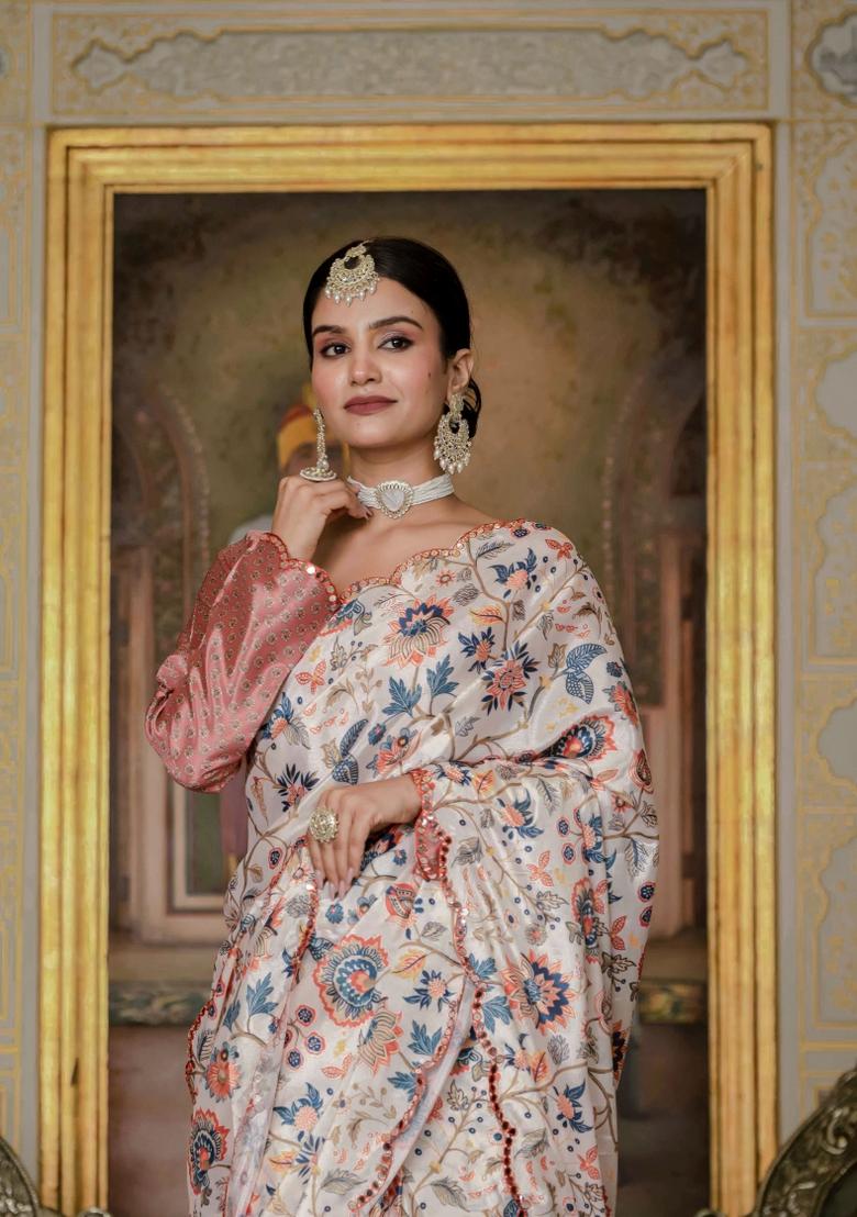 Cream Printed Chinon Saree Set - Indya