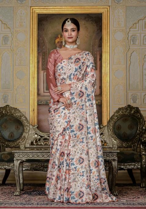 Cream Printed Chinon Saree Set