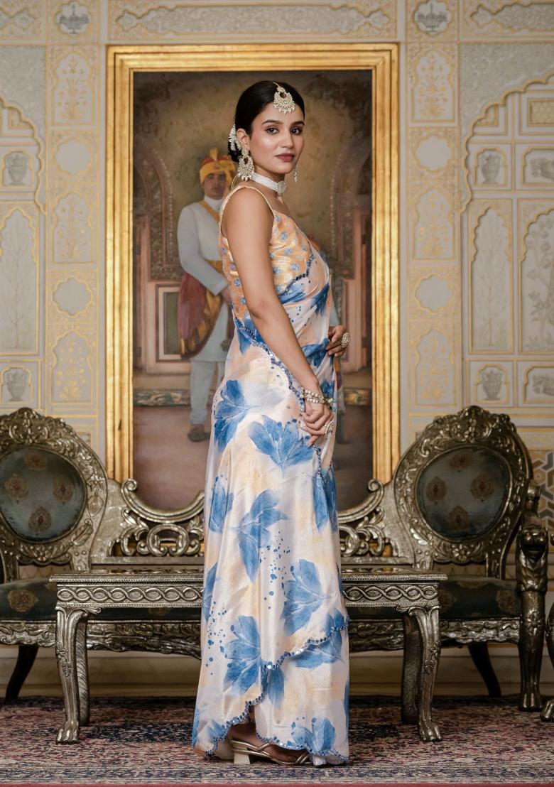 Off White Printed Chinon Saree Set - Indya