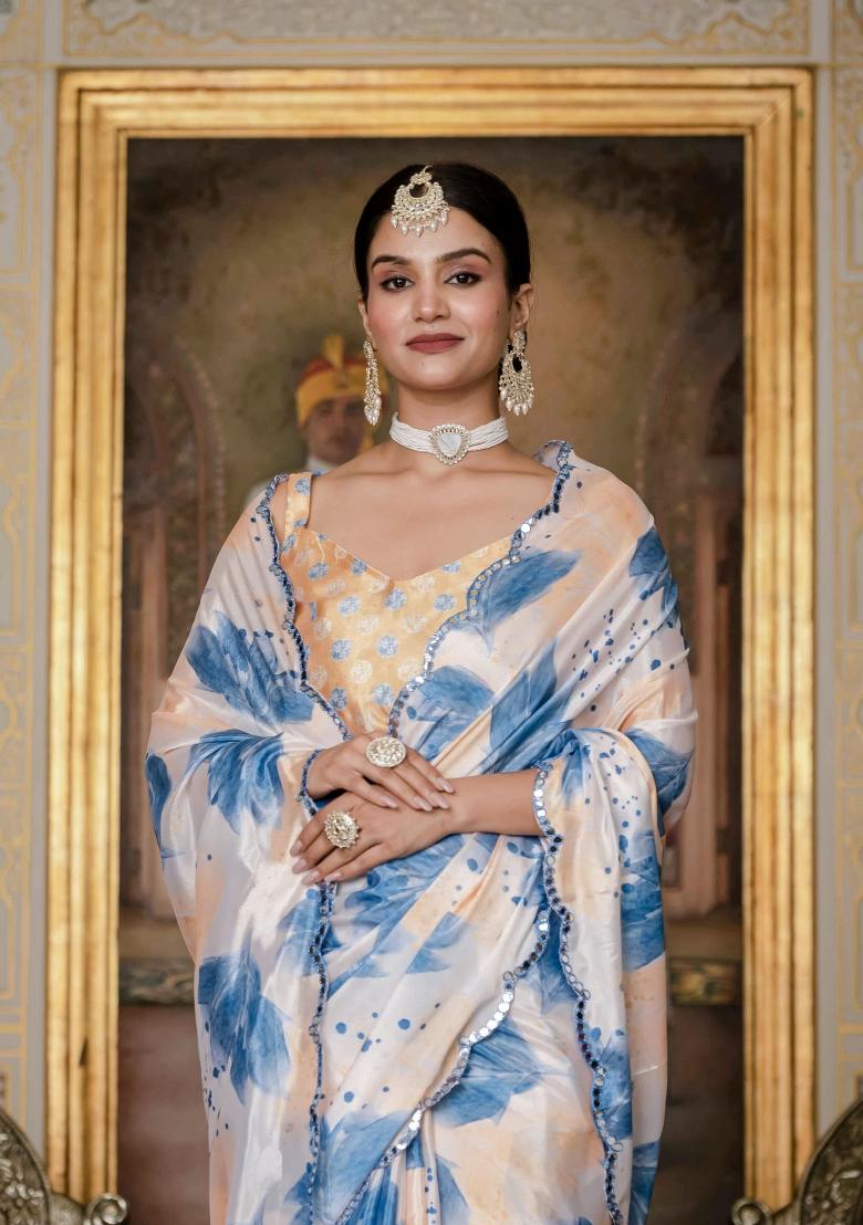 Off White Printed Chinon Saree Set - Indya