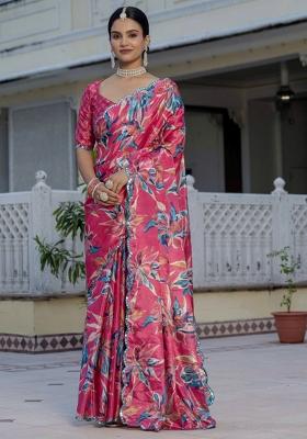 Pink Printed Chinon Saree Set