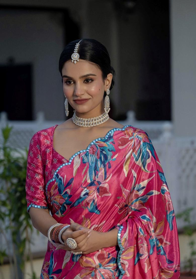 Pink Printed Chinon Saree Set - Indya