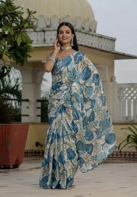 Blue Printed Chinon Saree Set