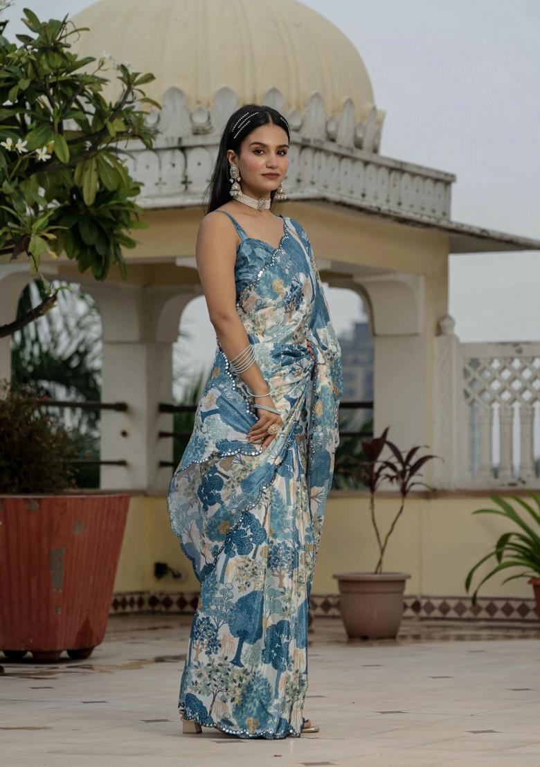 Blue Printed Chinon Saree Set - Indya