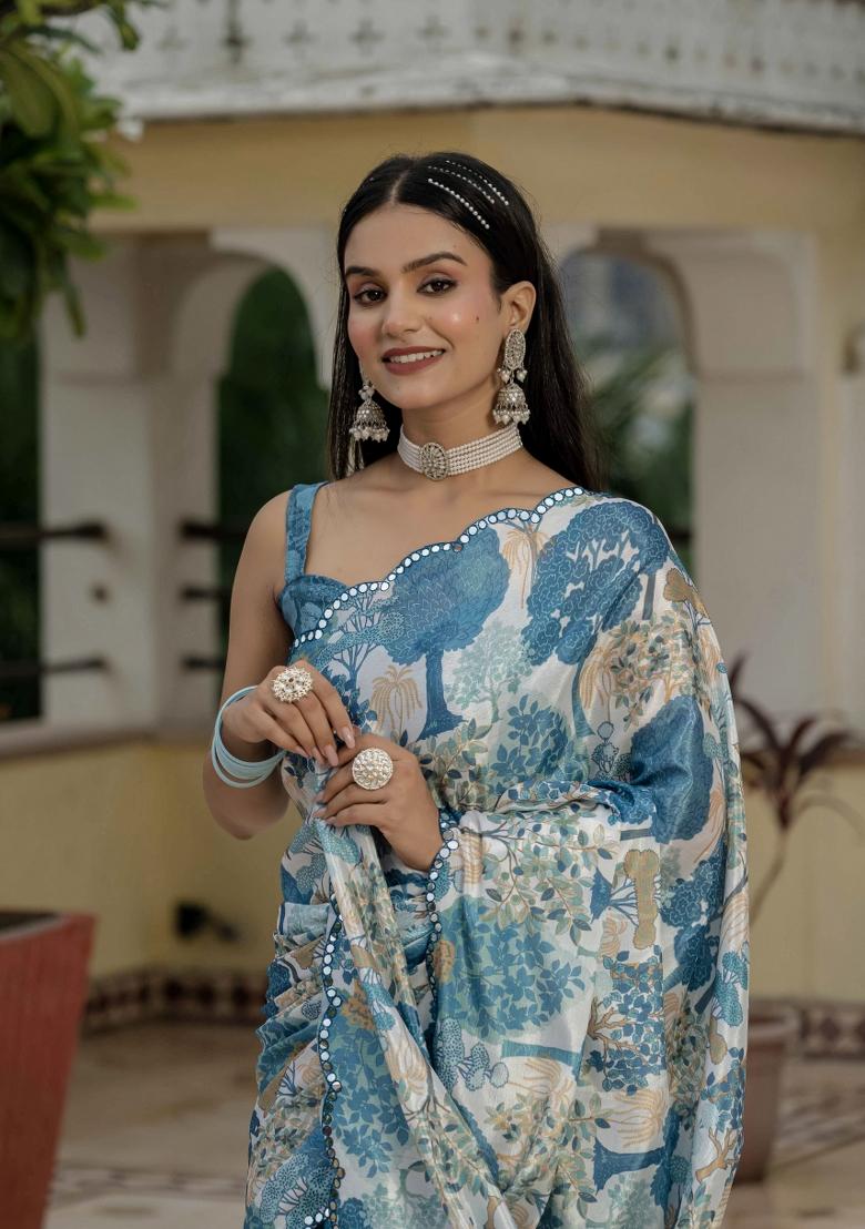 Blue Printed Chinon Saree Set - Indya