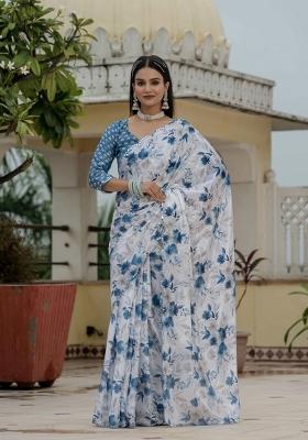 White Printed Chinon Saree Set