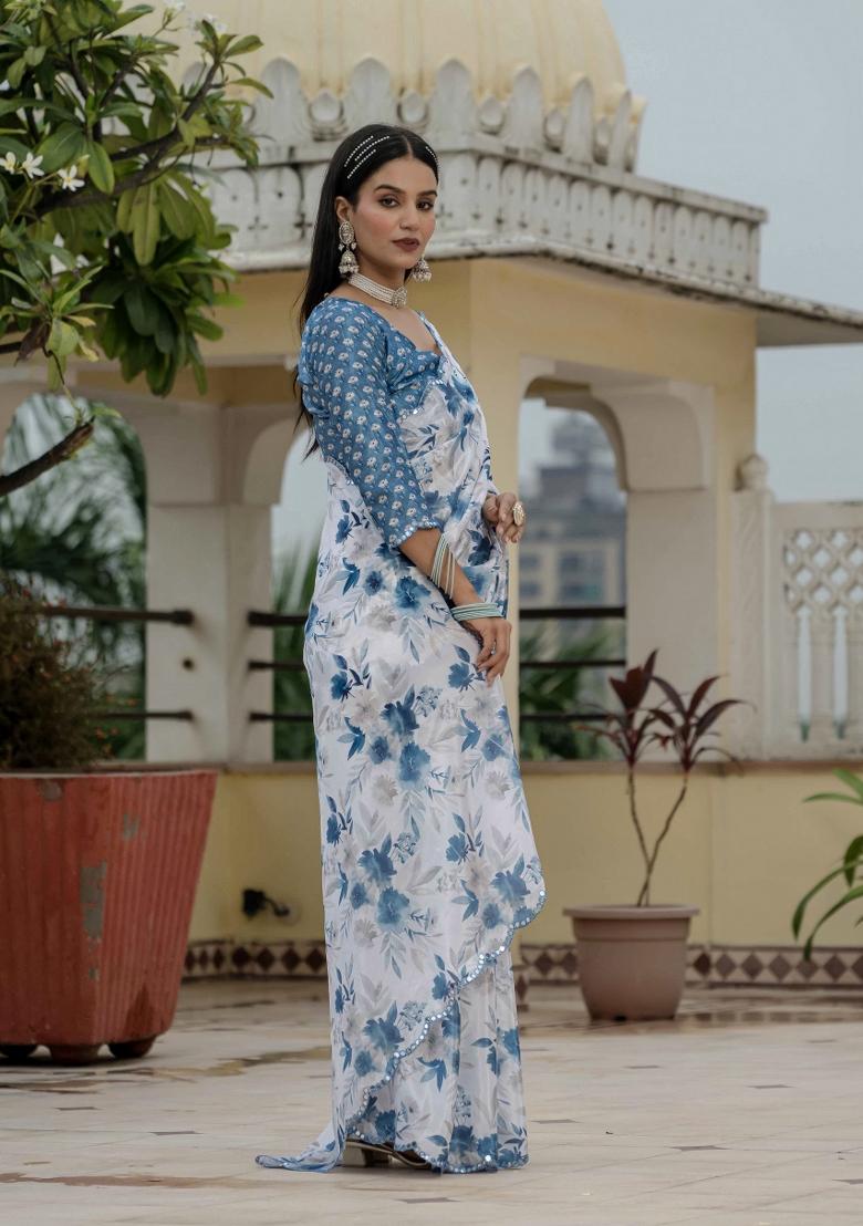 White Printed Chinon Saree Set - Indya