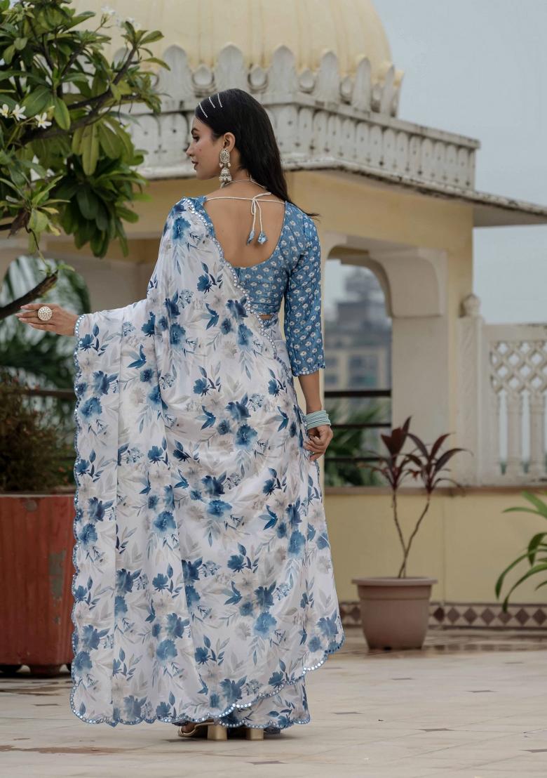 White Printed Chinon Saree Set - Indya