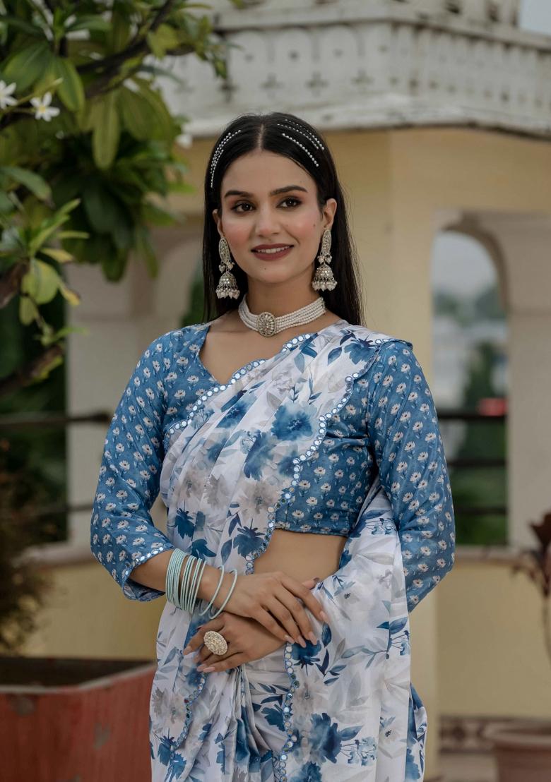 White Printed Chinon Saree Set - Indya