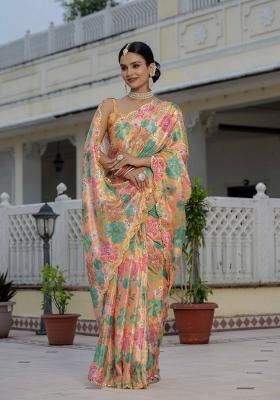 Orange Printed Chinon Saree Set