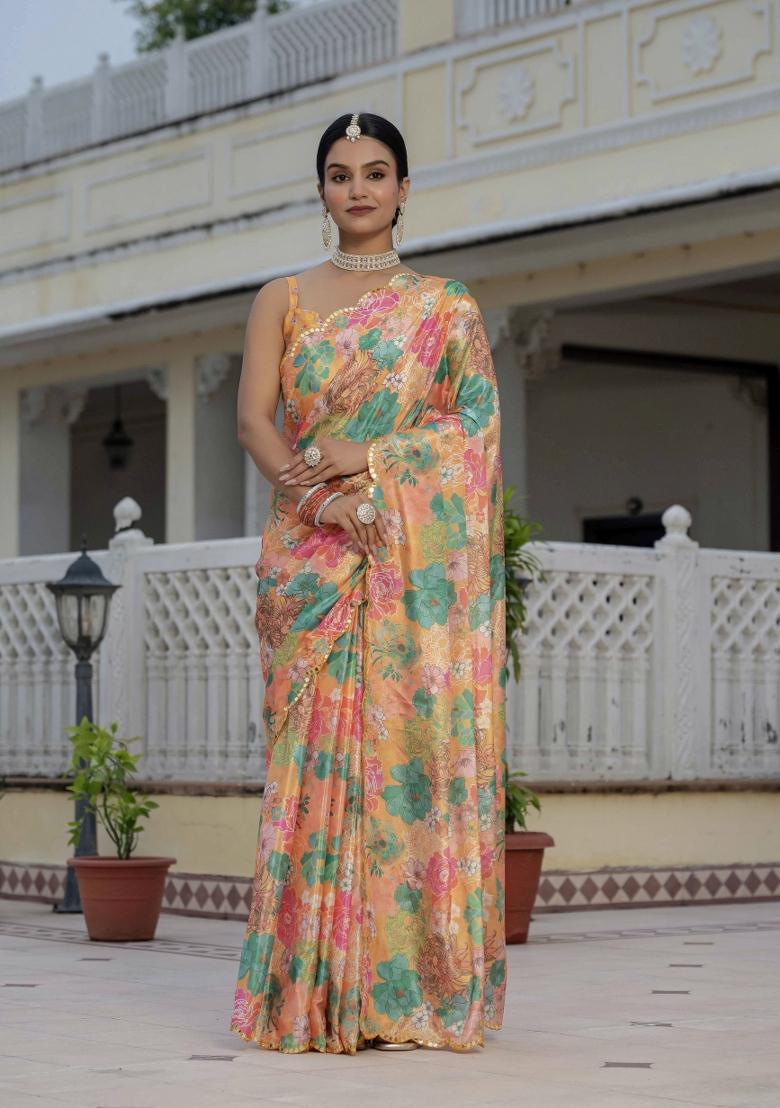 Orange Printed Chinon Saree Set - Indya