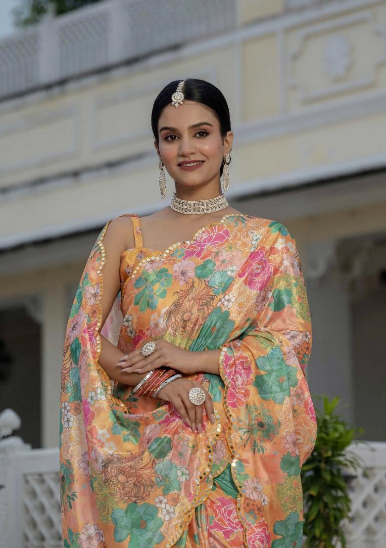 Orange Printed Chinon Saree Set - Indya