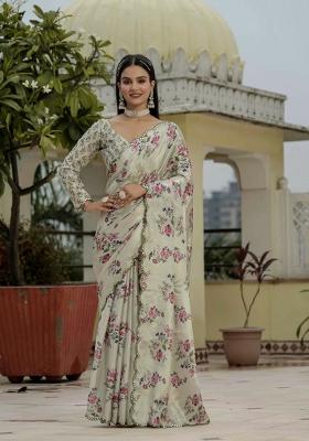Grey Printed Chinon Saree Set