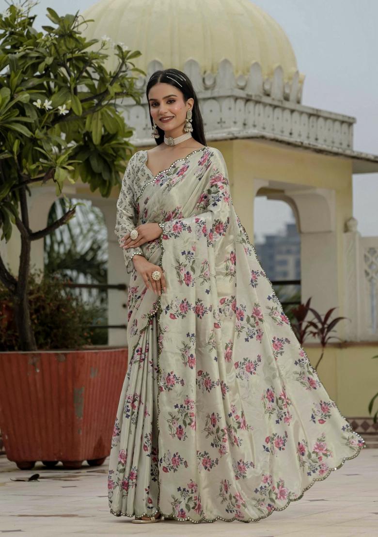 Grey Printed Chinon Saree Set - Indya