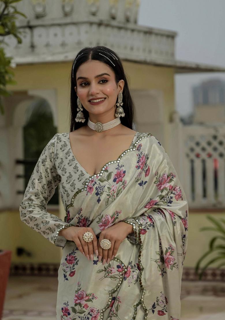 Grey Printed Chinon Saree Set - Indya