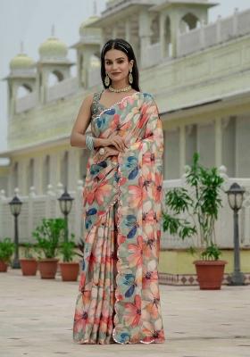 Green Printed Chinon Saree Set