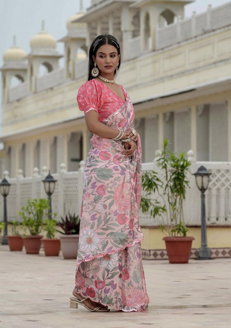 Pink Printed Chinon Saree Set - Indya