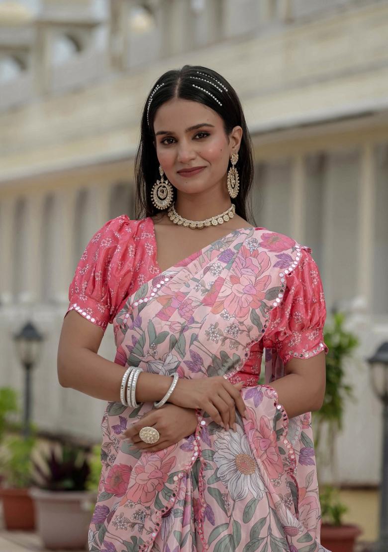 Pink Printed Chinon Saree Set - Indya