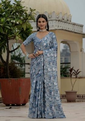 Grey Printed Chinon Saree Set