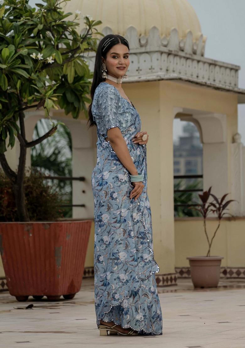 Grey Printed Chinon Saree Set - Indya