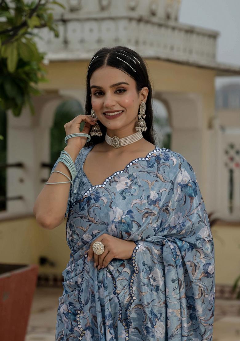 Grey Printed Chinon Saree Set - Indya