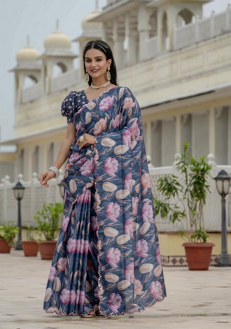 Blue Printed Chinon Saree Set - Indya